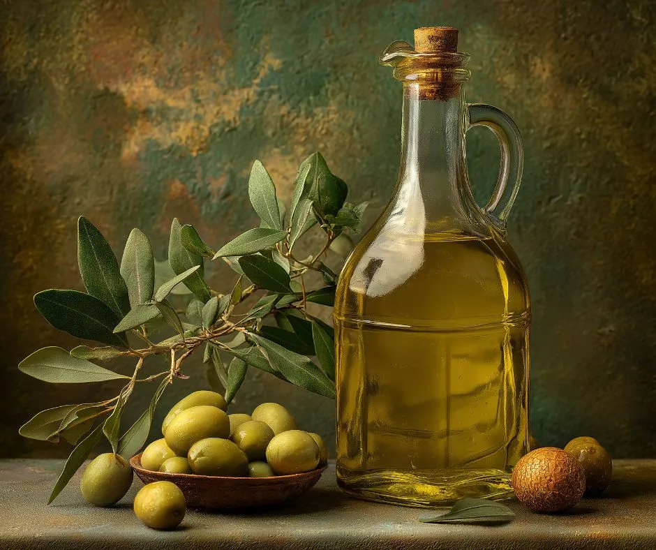 bouteille d'huile d'olive avec grappe d'olives vertes