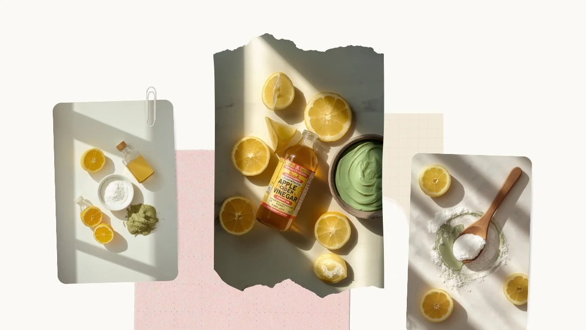 Ingrédients naturels anti-pelliculaires : bicarbonate, vinaigre de cidre, argile verte, citron