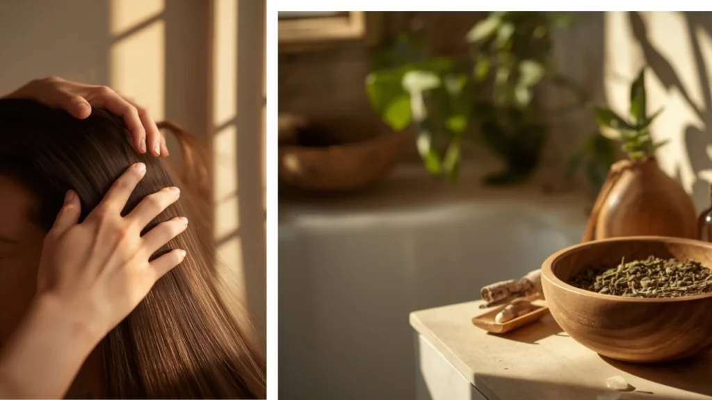 Application d'un remède maison anti-pelliculaire naturel sur les cheveux