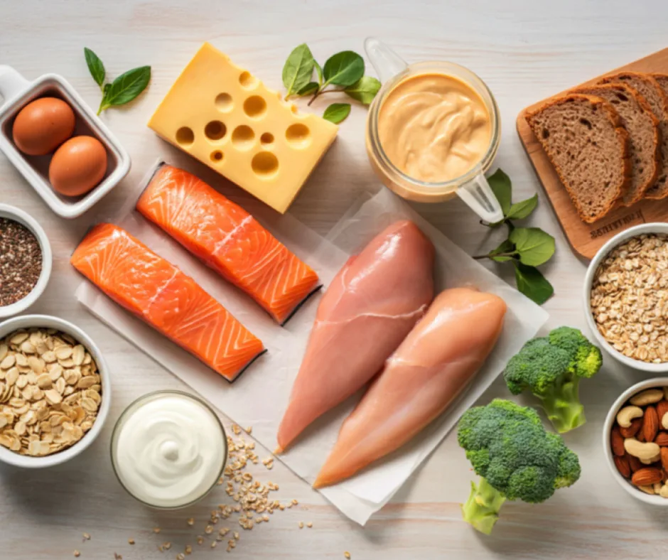 alimentation équilibrée saumon poulet fromage légumes fruits graines