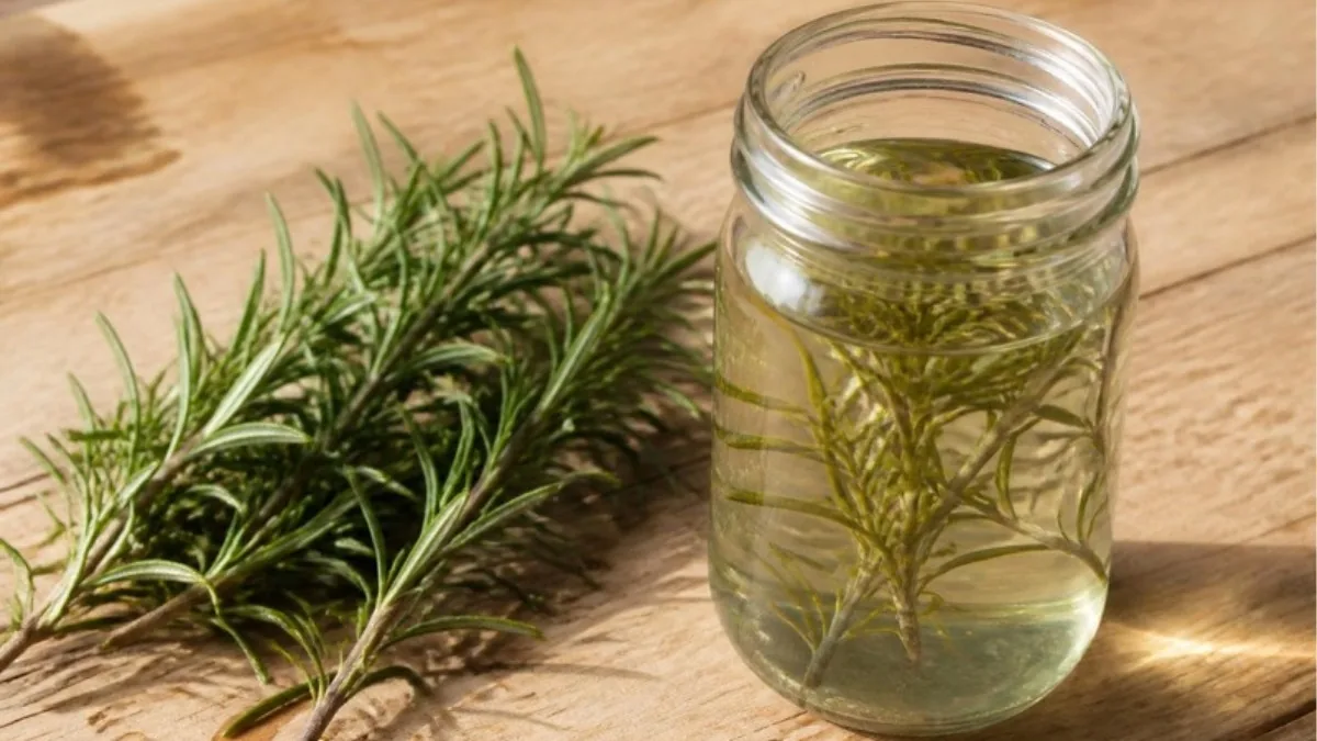 Bocal d'eau de romarin infusée et brins de romarin frais sur un plan de travail en bois