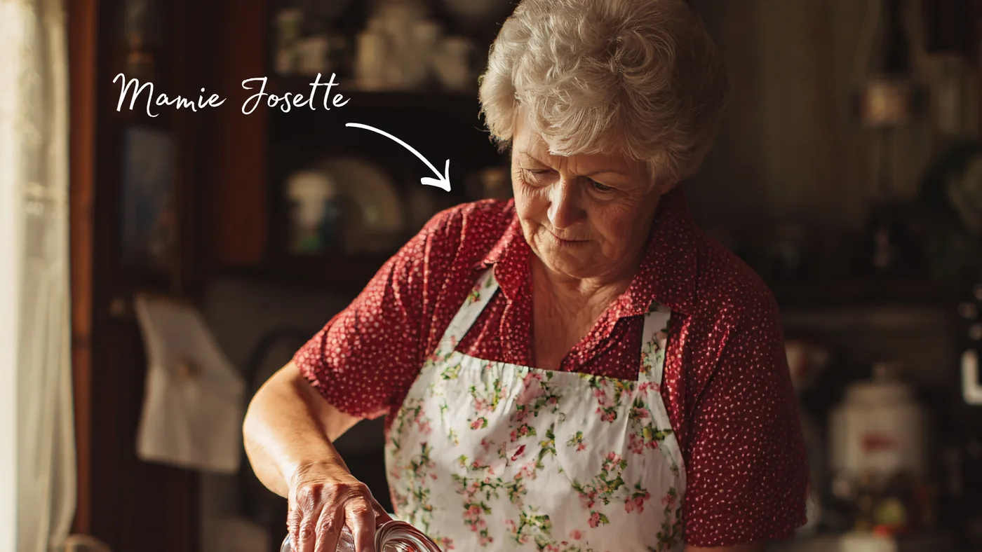 mamie qui fait une recette de confiture avec un tablier