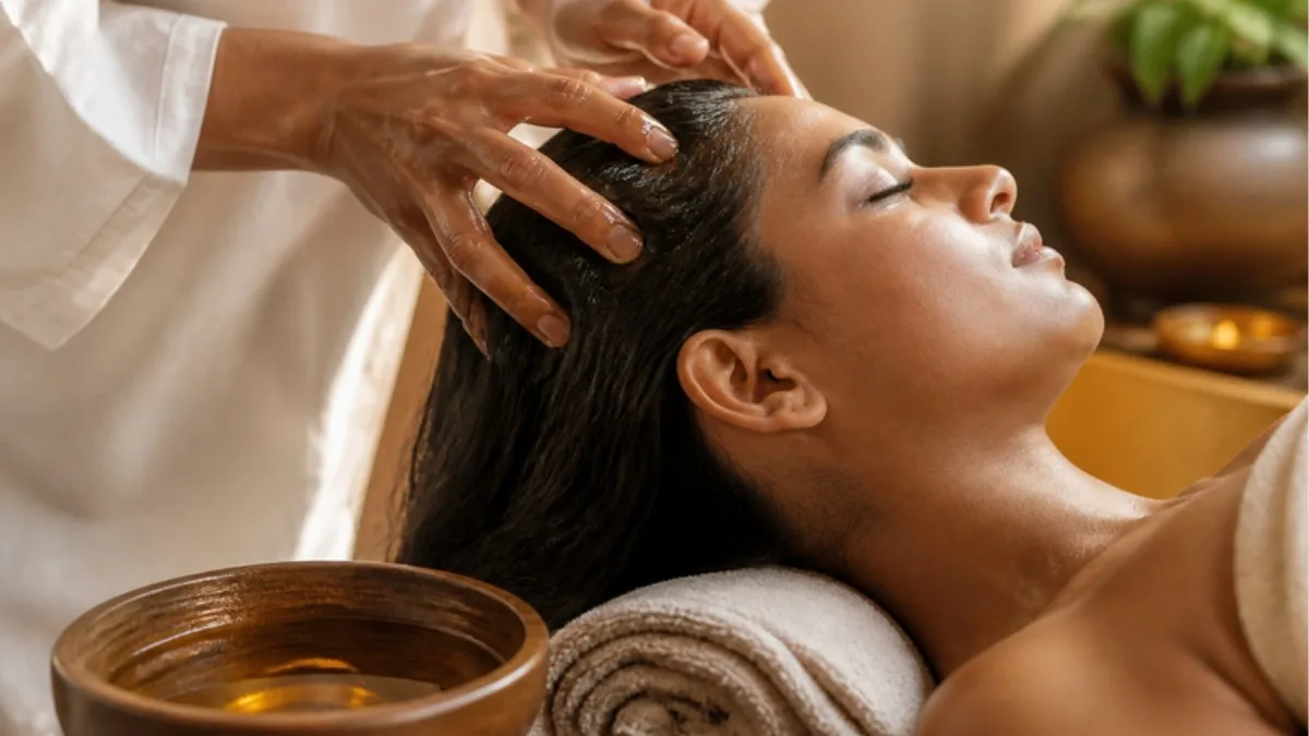 Massage du cuir chevelu avec une huile dorée, petit bol d'huile au premier plan