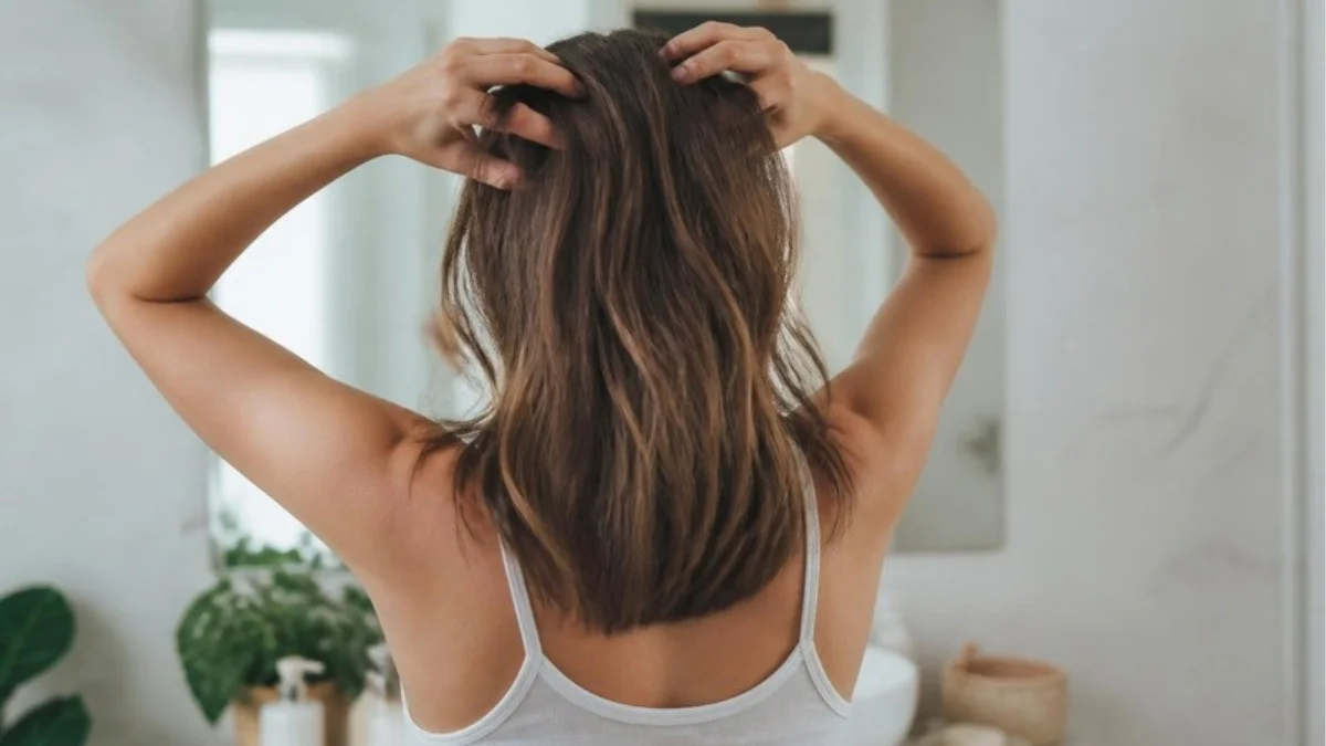 Femme de dos qui masse délicatement son cuir chevelu après un soin naturel