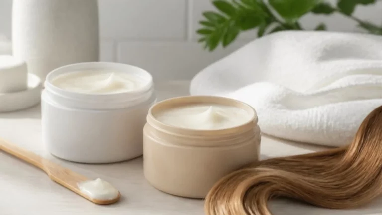 Pots de masque capillaire crémeux, spatule en bois et mèche de cheveux soyeux