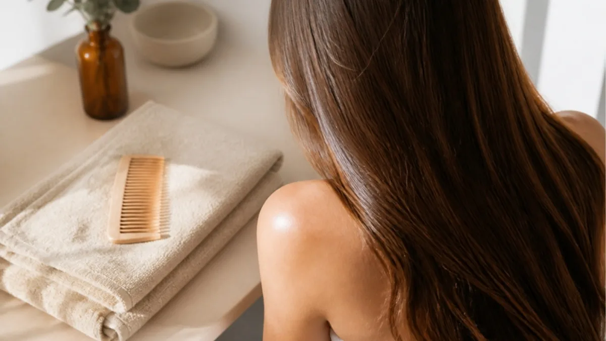 Cheveux longs bruns brillants vus de dos, serviette et peigne en bois sur une table claire