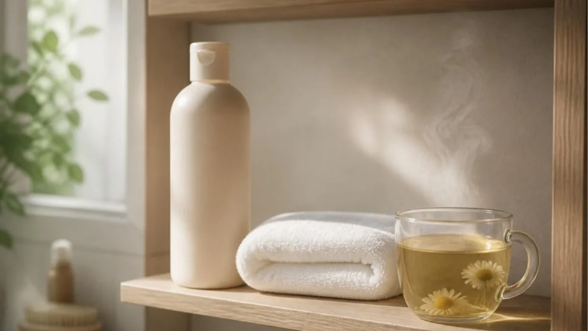 Shampooing doux, serviette et infusion de camomille pour une routine adaptée à un cuir chevelu sensible